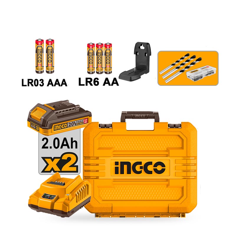 INGCO Cordless Drill 20V 76Nm + 2 Batteries + Laser Level 35m + Distance Detector 70m - COSLI250511