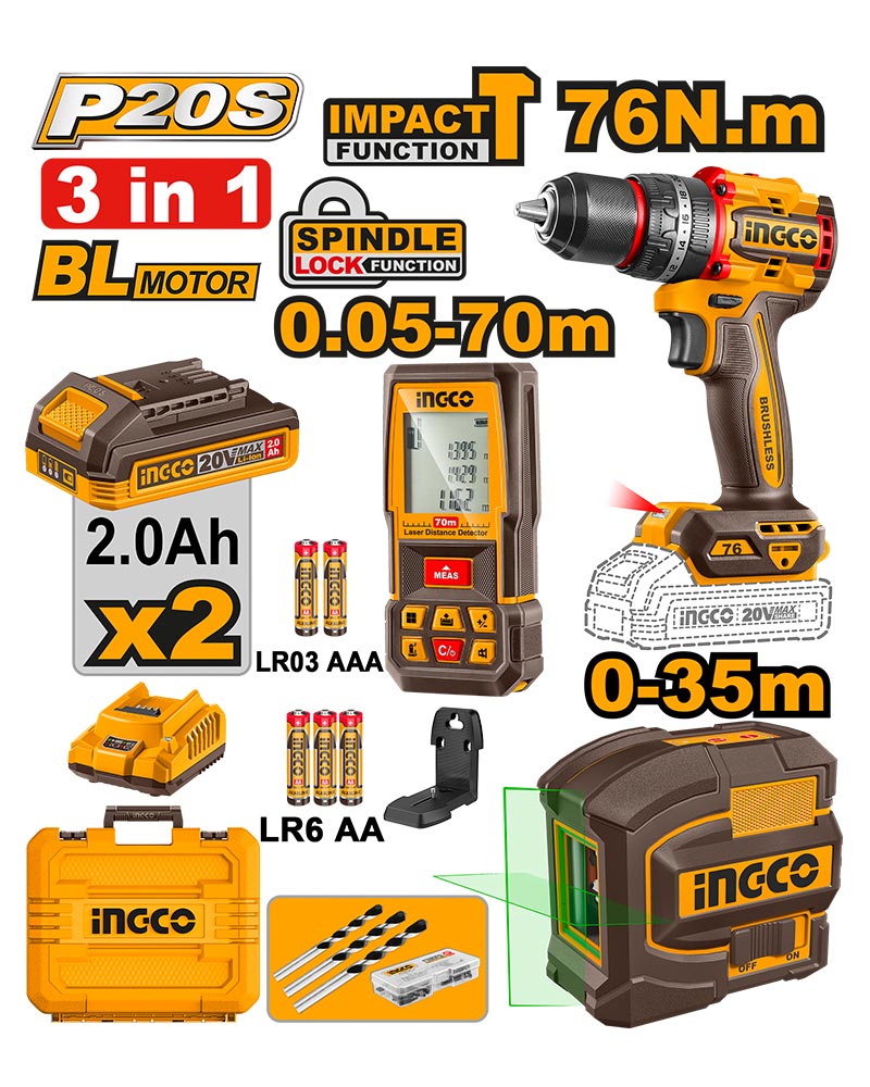 INGCO Cordless Drill 20V 76Nm + 2 Batteries + Laser Level 35m + Distance Detector 70m - COSLI250511