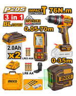 INGCO Cordless Drill 20V 76Nm + 2 Batteries + Laser Level 35m + Distance Detector 70m - COSLI250511