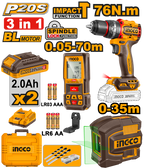 INGCO Cordless Drill 20V 76Nm + 2 Batteries + Laser Level 35m + Distance Detector 70m - COSLI250511