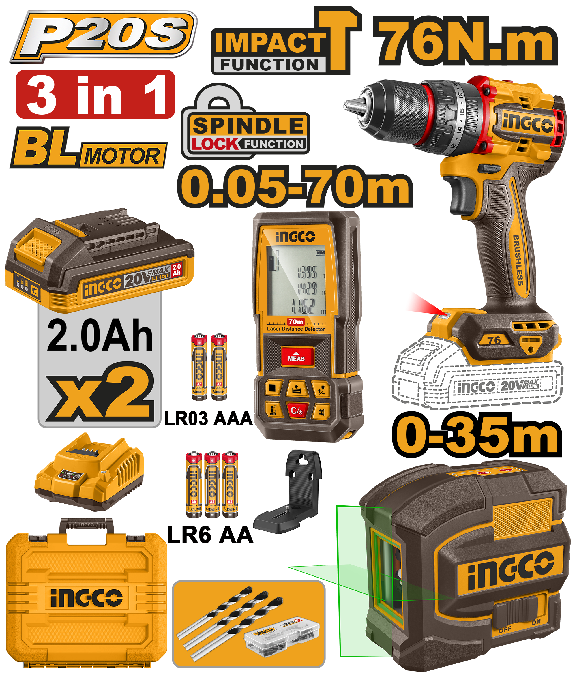 INGCO Cordless Drill 20V 76Nm + 2 Batteries + Laser Level 35m + Distance Detector 70m - COSLI250511