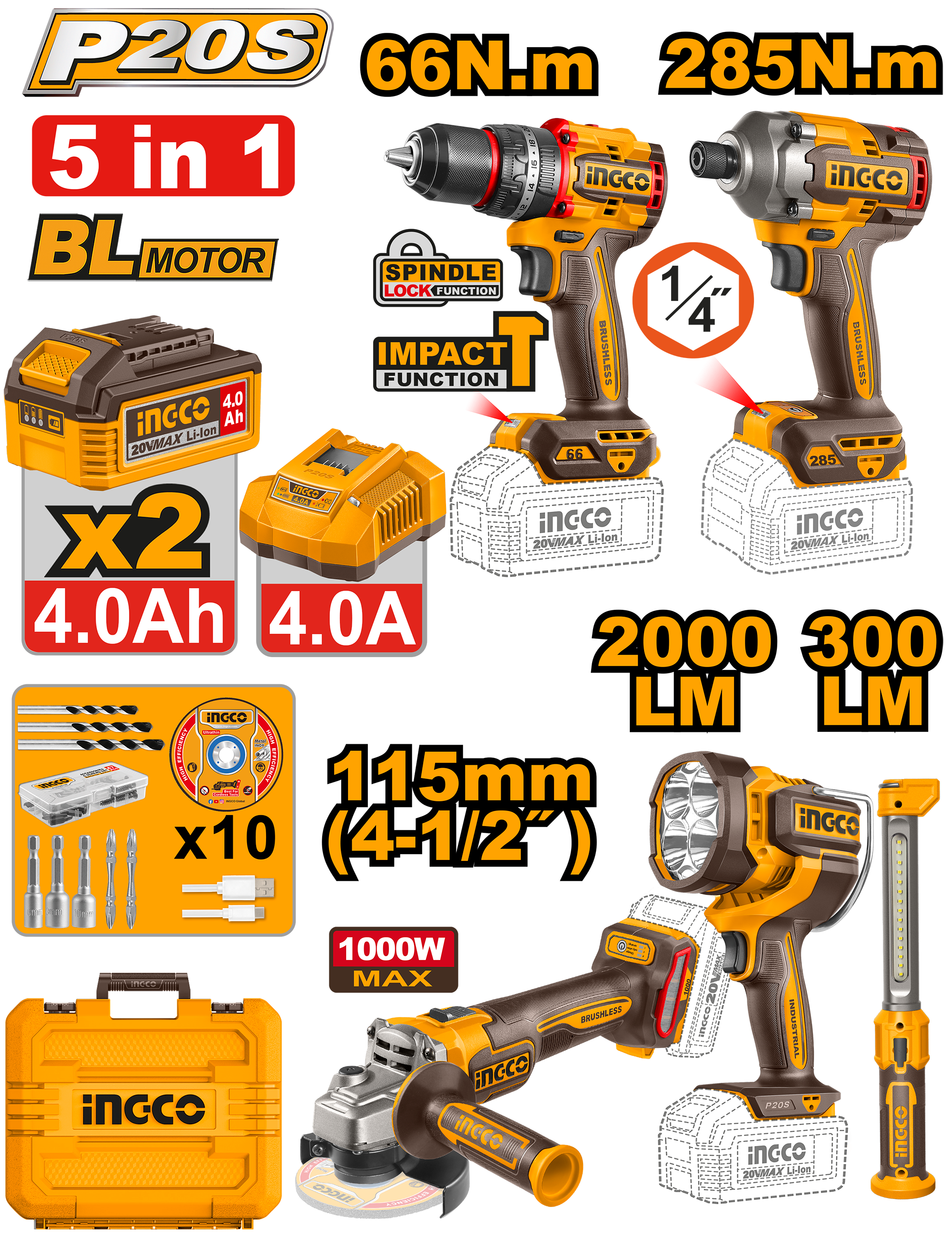 INGCO Cordless 5 Pcs Combo Kit - COSLI250692 Main image