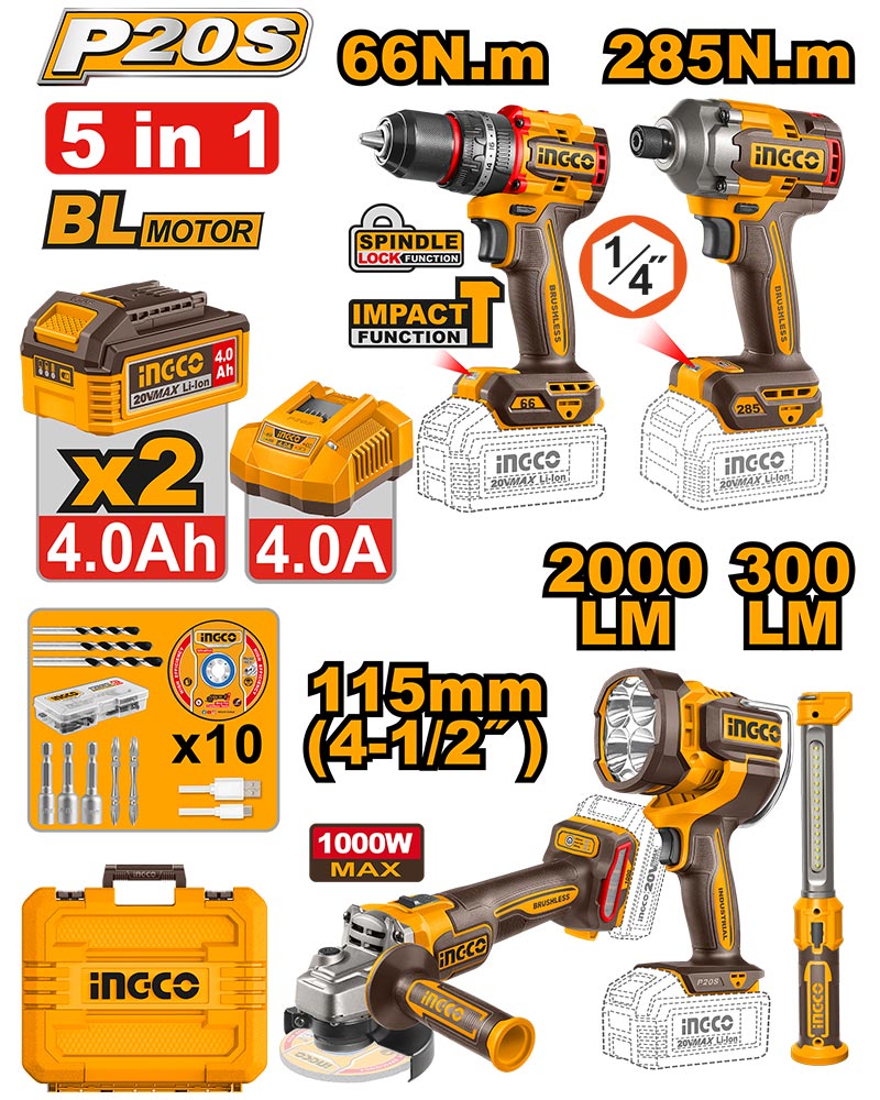 INGCO Cordless 5 Pcs Combo Kit - COSLI250692