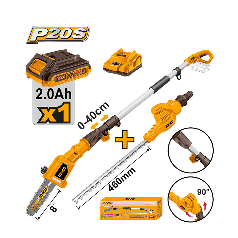 INGCO Cordless Pole Saw with Pole Hedge Trimmer - CPTS201681