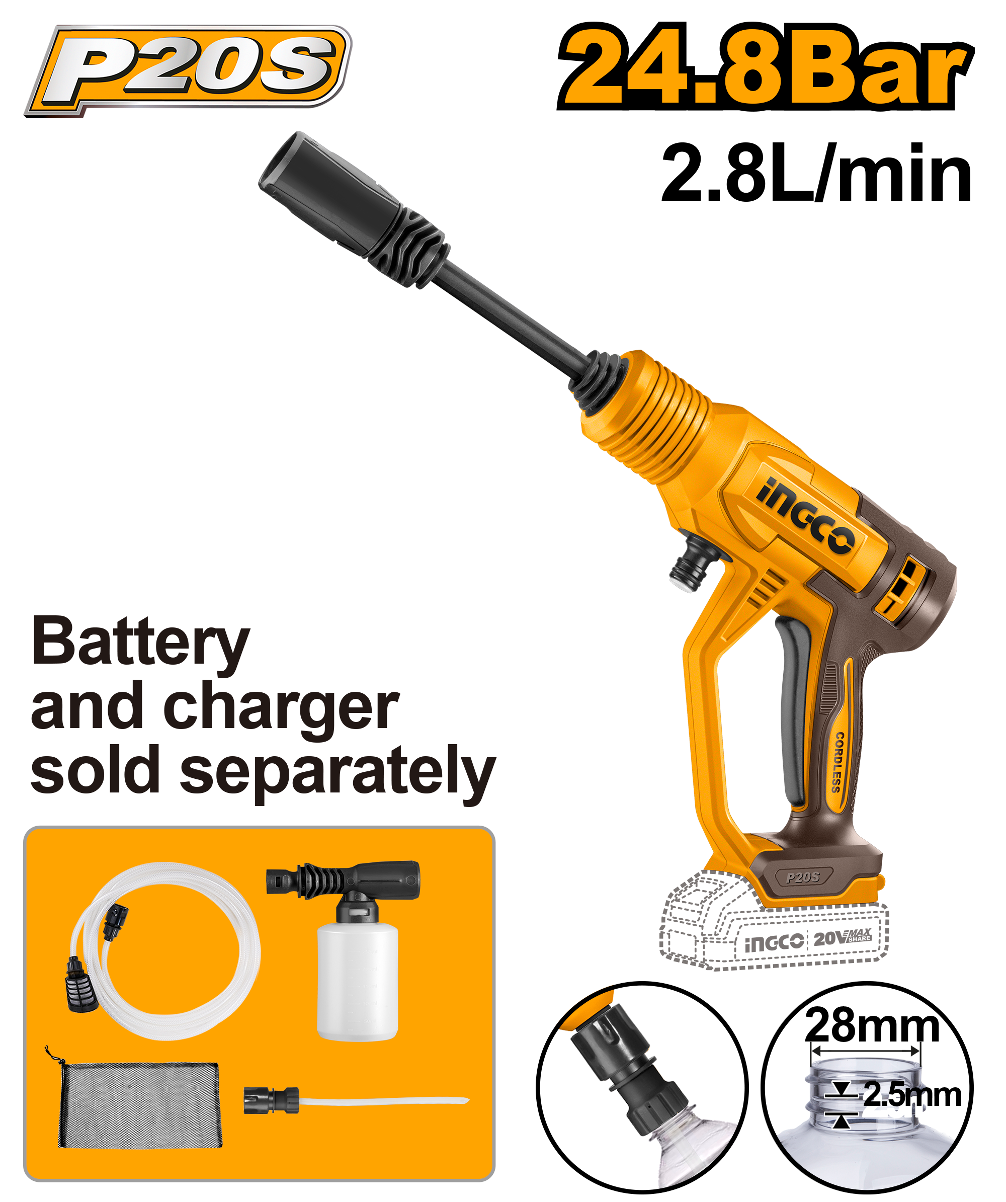 INGCO 24.8 Bar Cordless Pressure Washer - CPWLI2036
