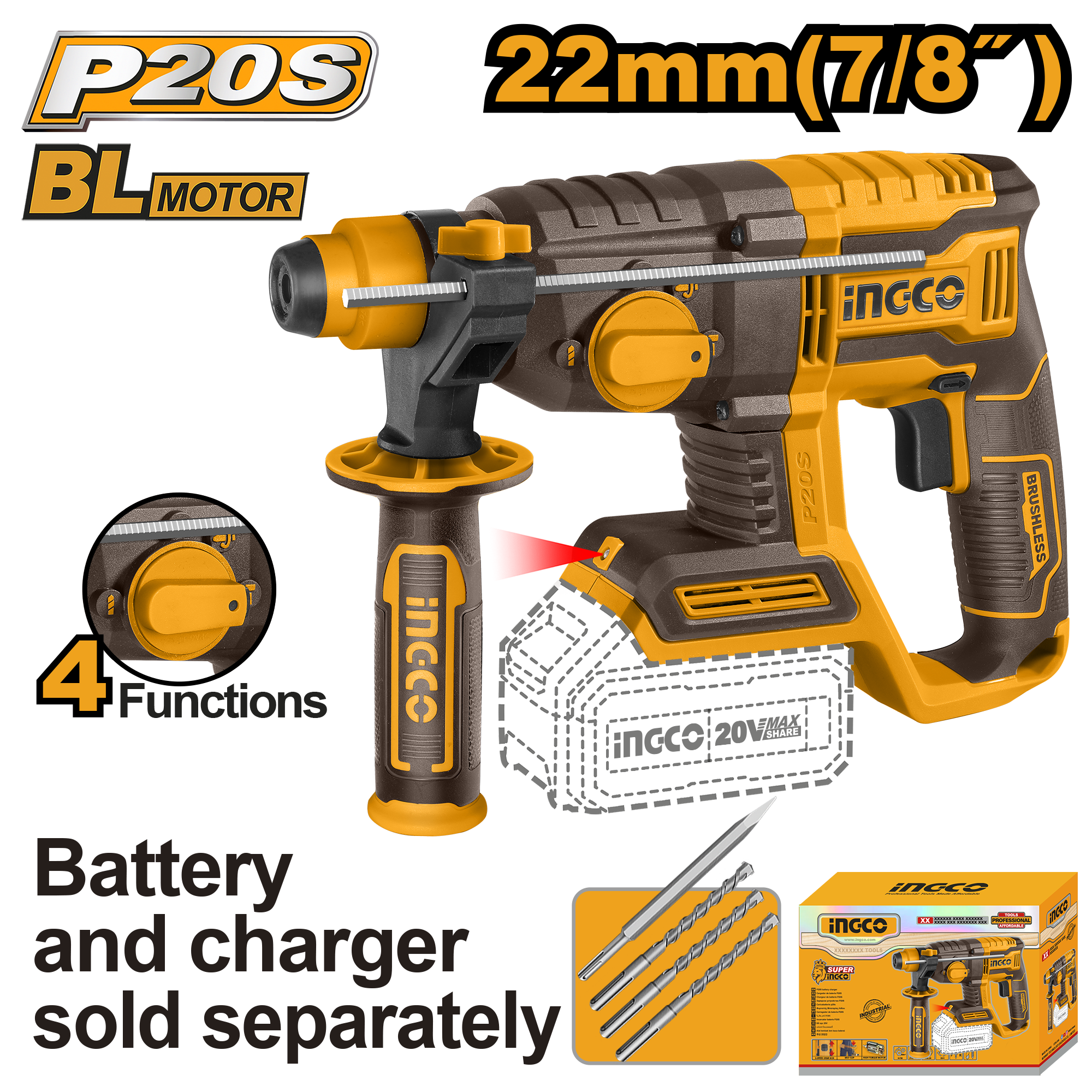 INGCO Lithium-Ion Rotary Hammer 20V 22mm - C4 - CRHLI20208