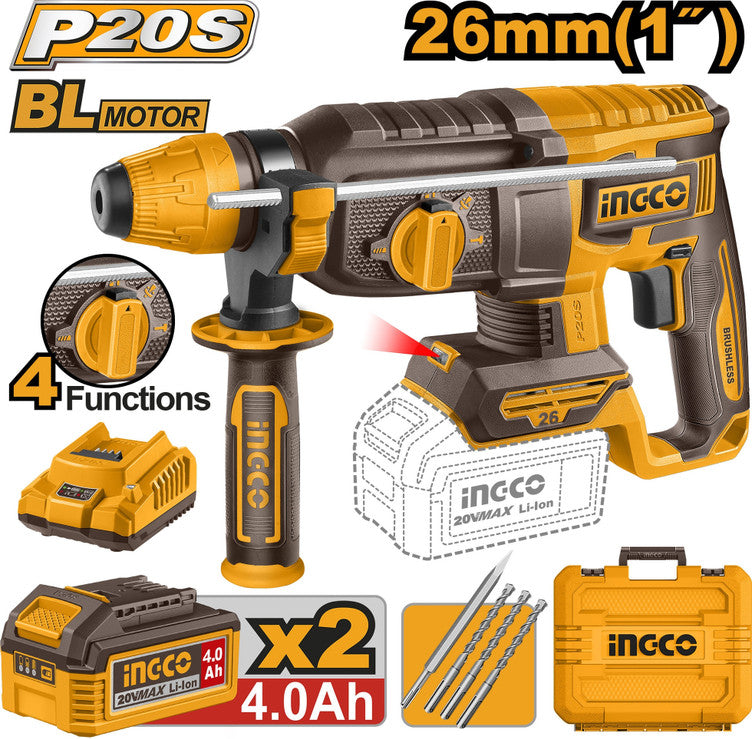 INGCO 20V 2.5J Brushless SDS-Plus Rotary Hammer Drill + 2×4.0Ah Batteries & Charger - CRHLI262085