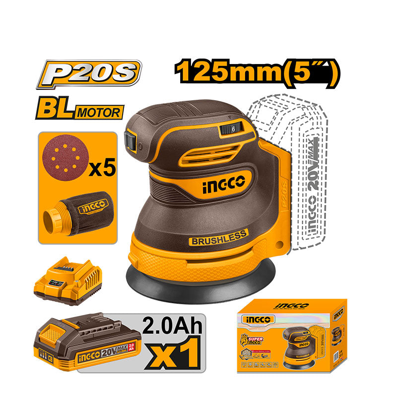 INGCO 125MM (5") Cordless Random Orbit Sander + 1, 2.0Ah Battery - CROSLI20021