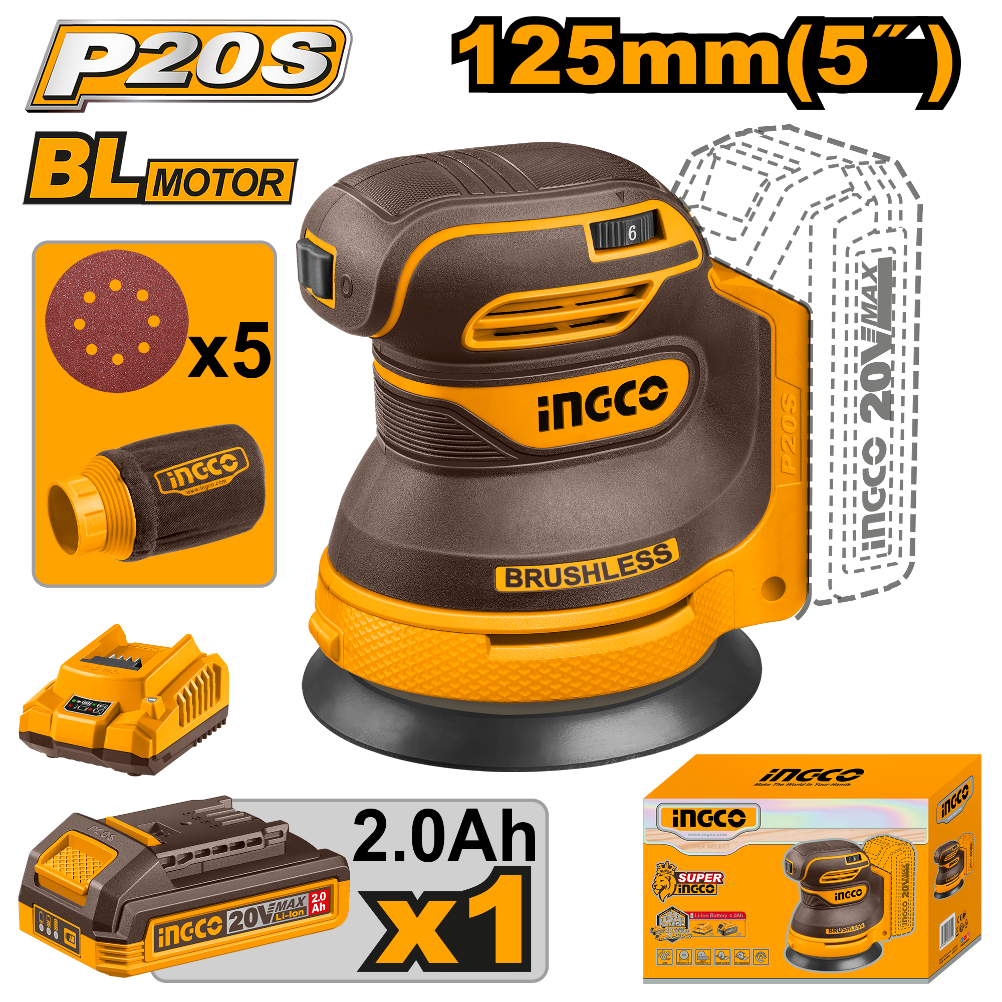 INGCO 125MM (5") Cordless Random Orbit Sander + 1, 2.0Ah Battery - CROSLI20021
