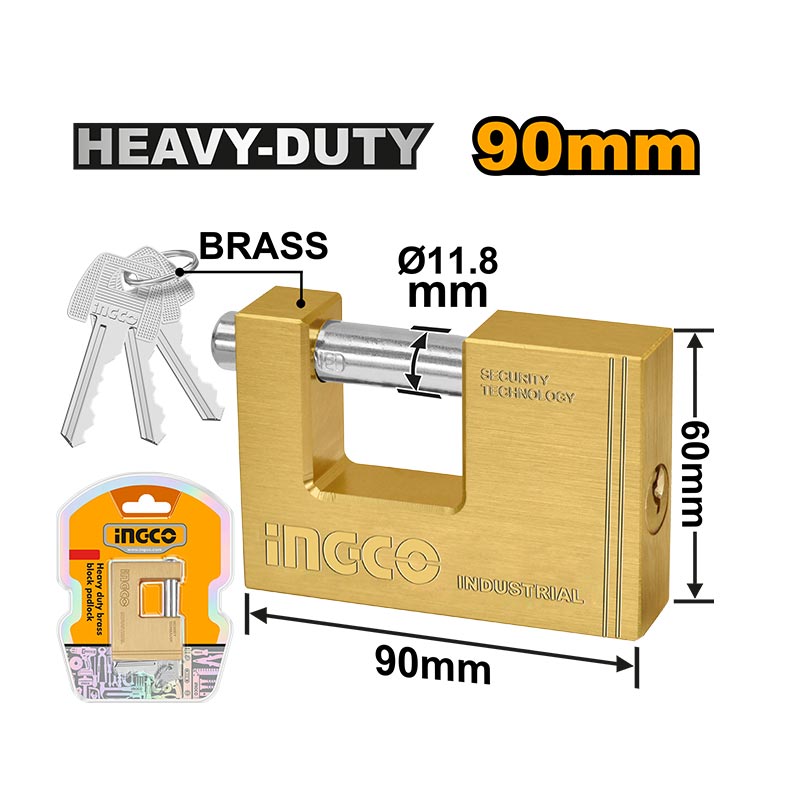 INGCO 90MM Heavy Duty Brass Block Padlock - DBBPL0902 Secondary image