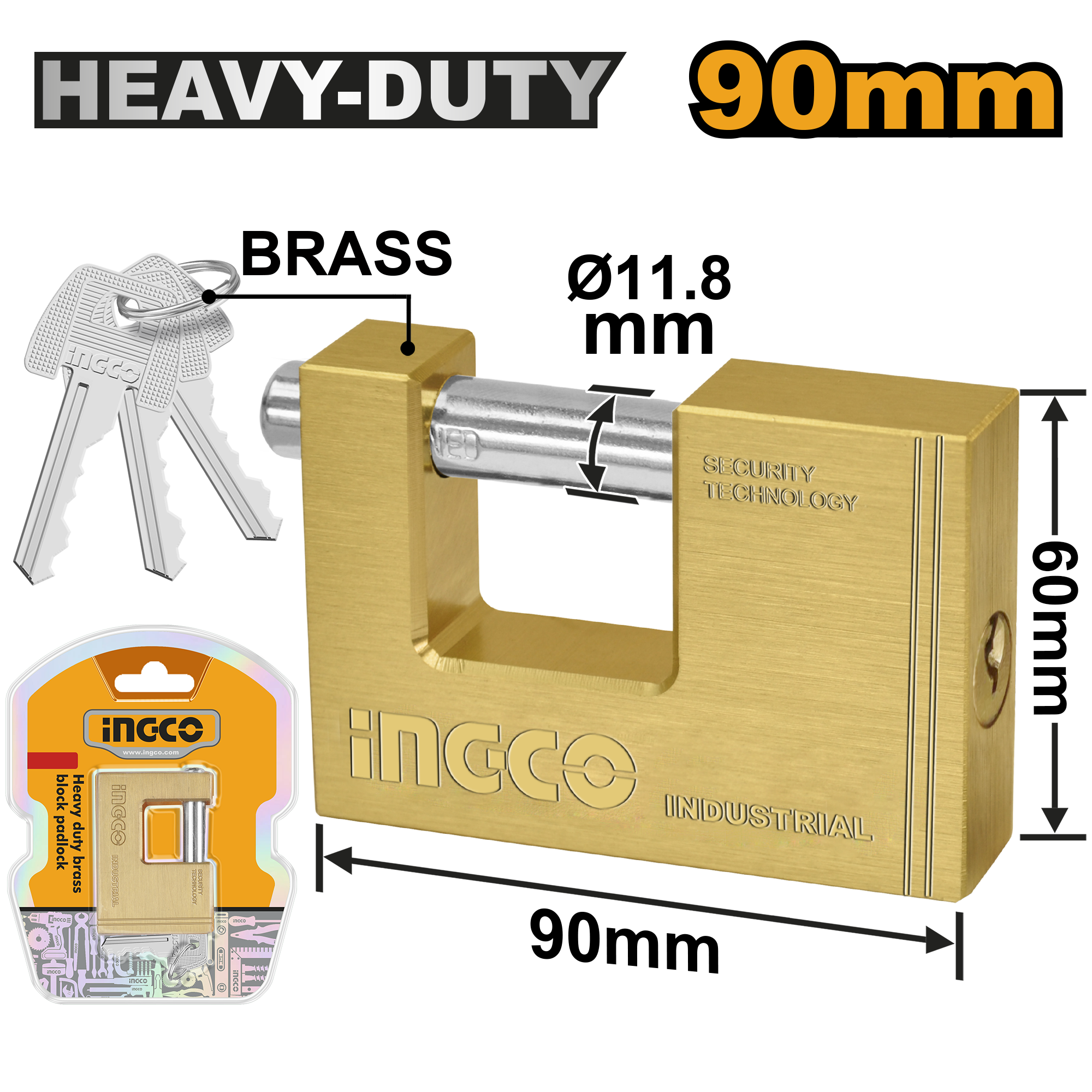INGCO 90MM Heavy Duty Brass Block Padlock - DBBPL0902