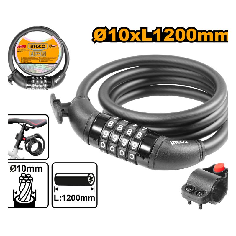 INGCO 4 Digit Combination Bicycle Lock (with Lock Frame) - DBK21012