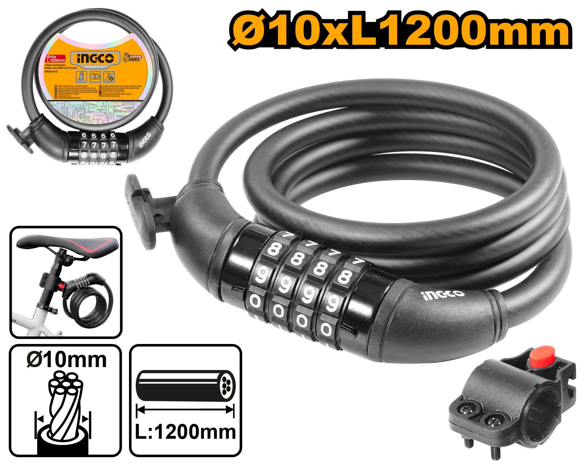 INGCO 4 Digit Combination Bicycle Lock (with Lock Frame) - DBK21012 Main image