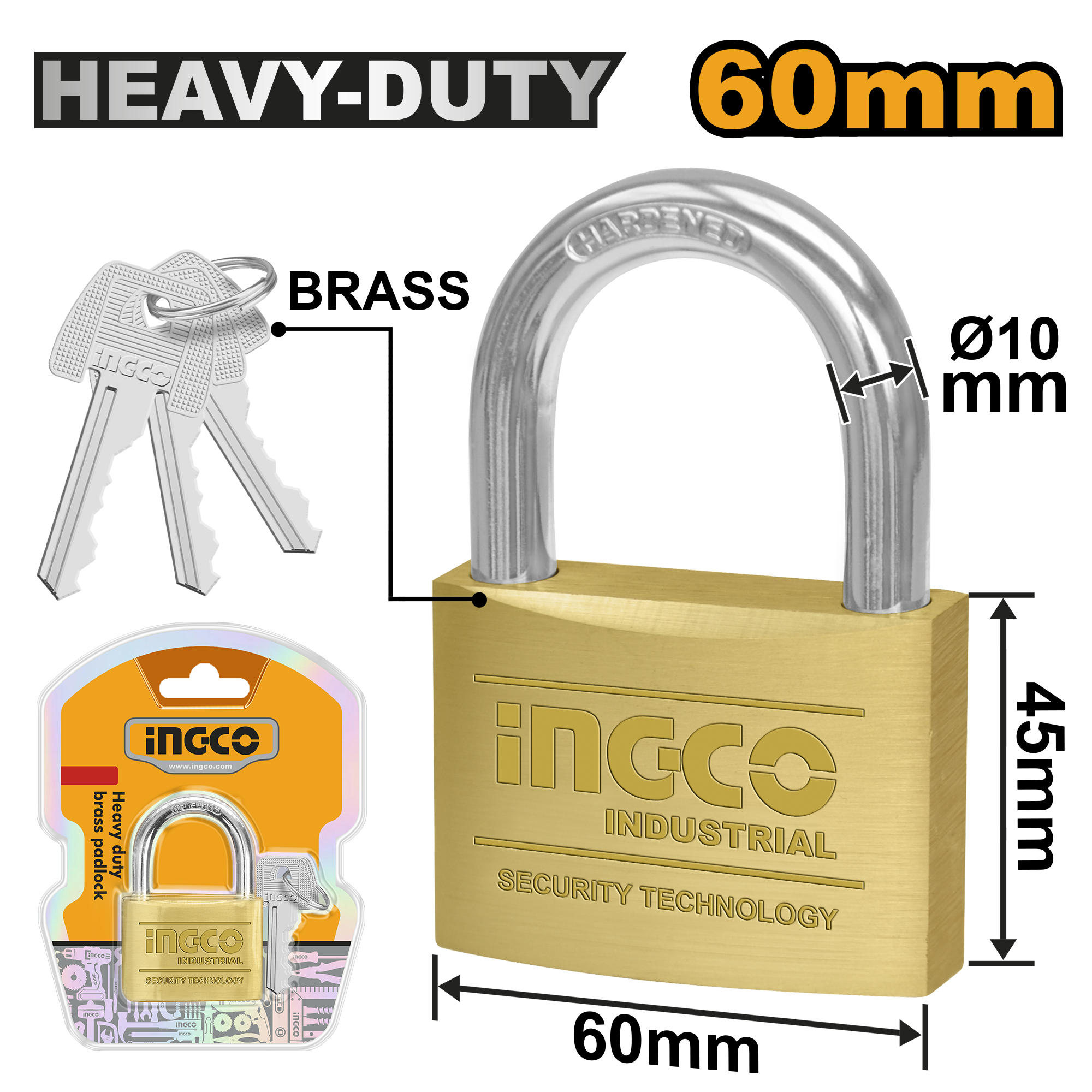 INGCO 60MM Heavy Duty Brass Padlock - DBPL0602
