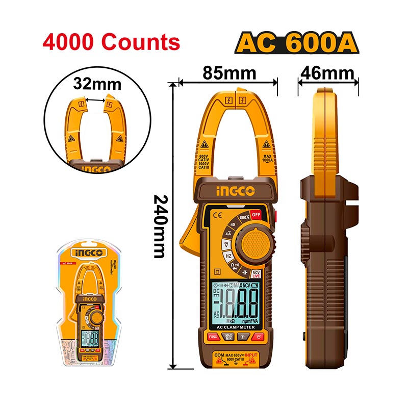INGCO 4000 Counts, AC 600A Digital AC Clamp Meter - DCM66001