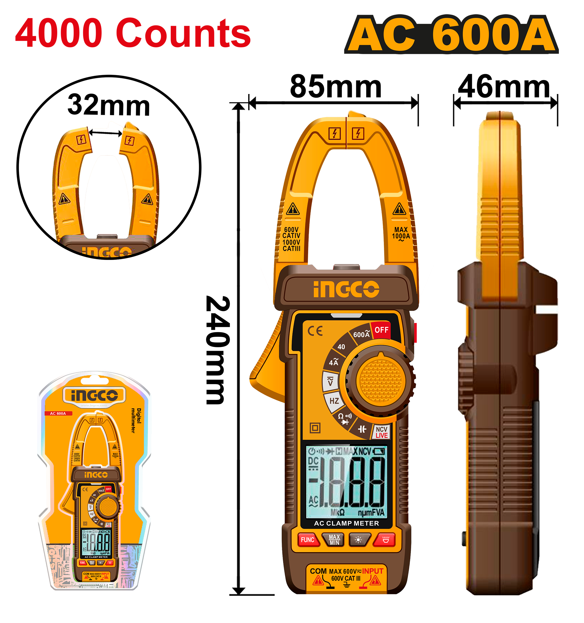 INGCO 4000 Counts, AC 600A Digital AC Clamp Meter - DCM66001 Main image