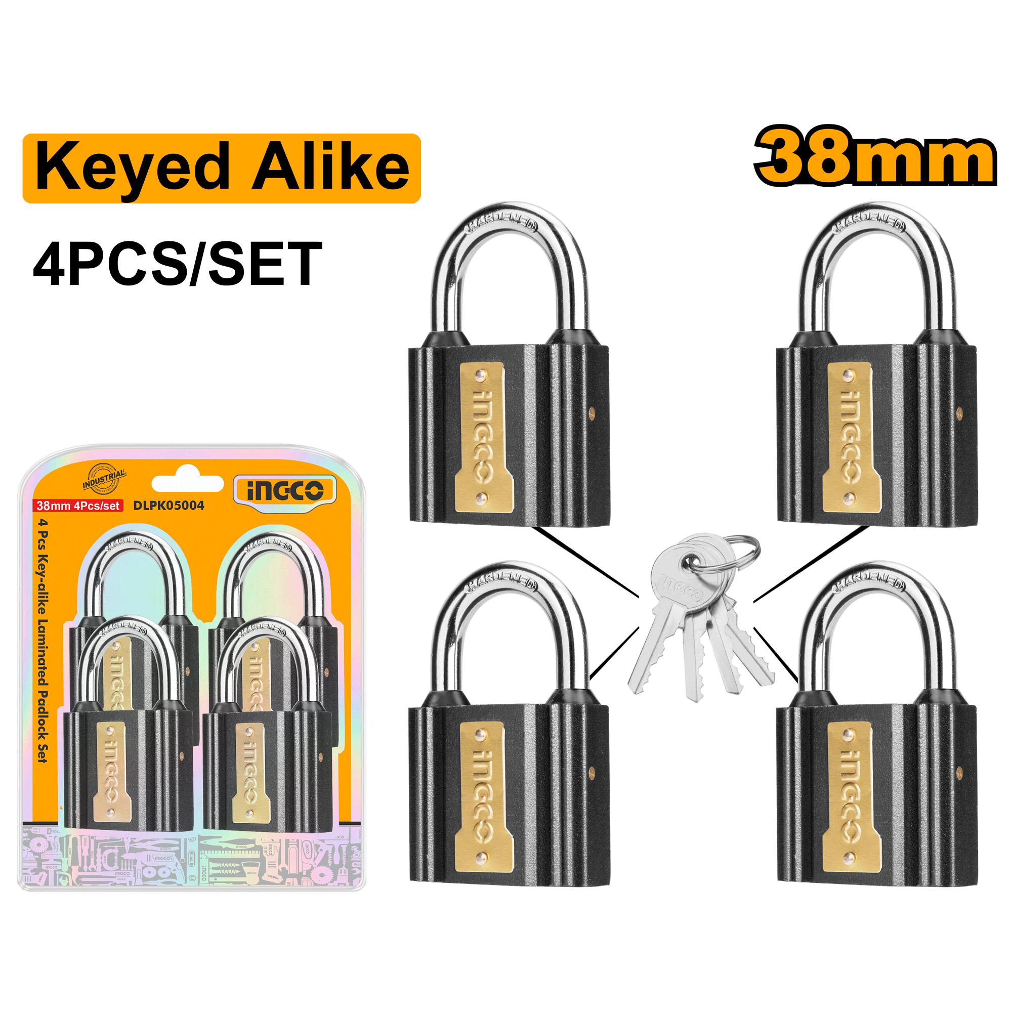INGCO 4 Pcs Key-Alike Iron Padlock Set 38mm - C24 - DIPLK4382
