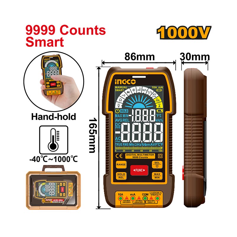 INGCO 9999 Counts Smart, Handhold, 1000V Digital Multimeter - DM110004
