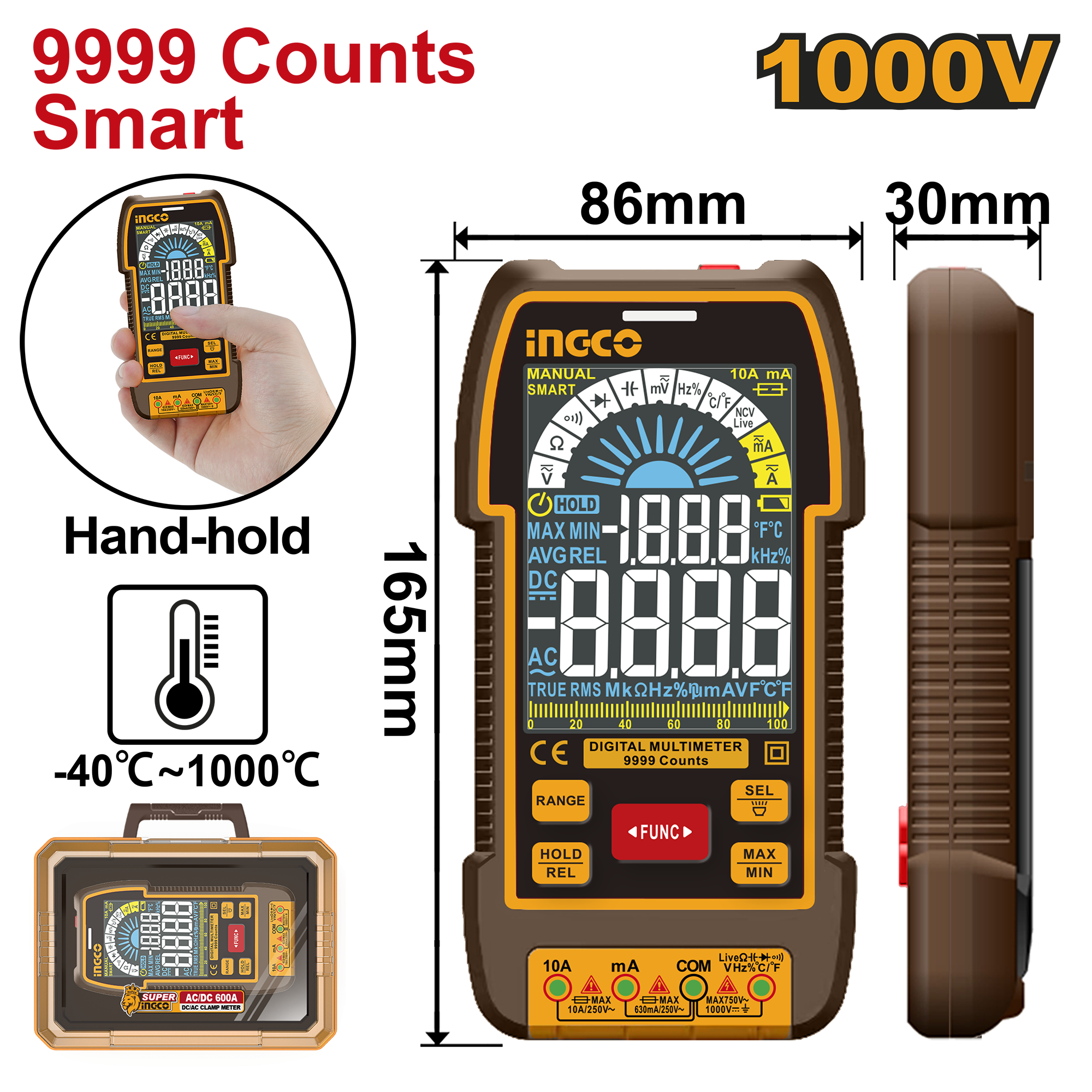 INGCO 9999 Counts Smart, Handhold, 1000V Digital Multimeter - DM110004