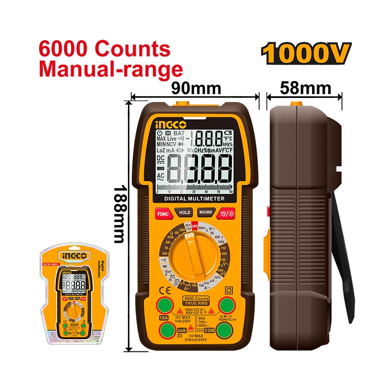 INGCO 6000 Counts Manual-Range, 1000V Digital Multimeter - DM310002