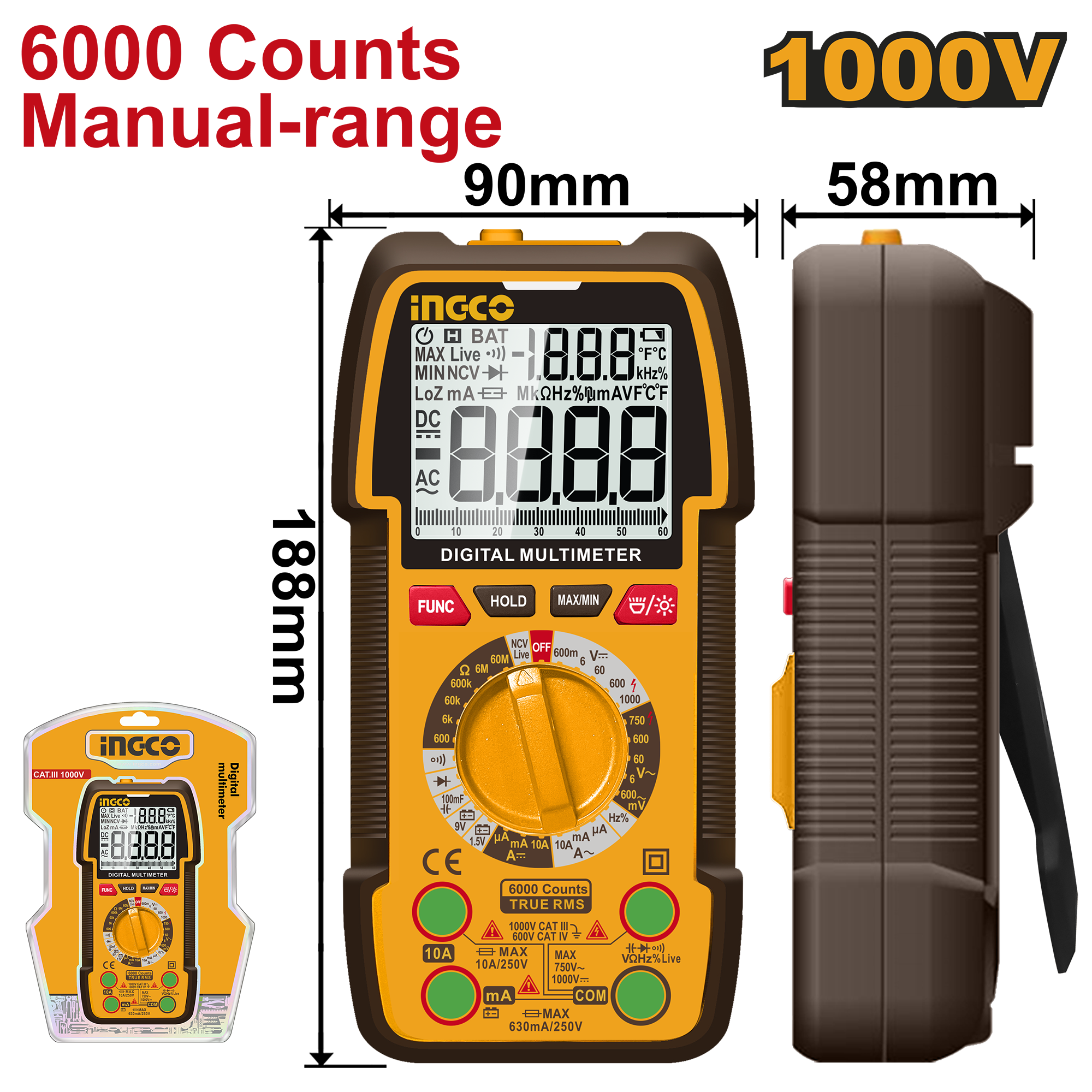 INGCO 6000 Counts Manual-Range, 1000V Digital Multimeter - DM310002 Main image