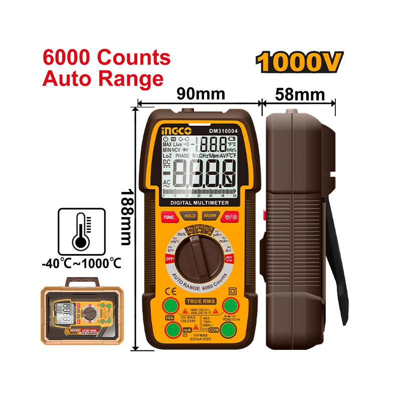 INGCO 6000 Counts Auto Range, 1000V Digital Multimeter - DM310004
