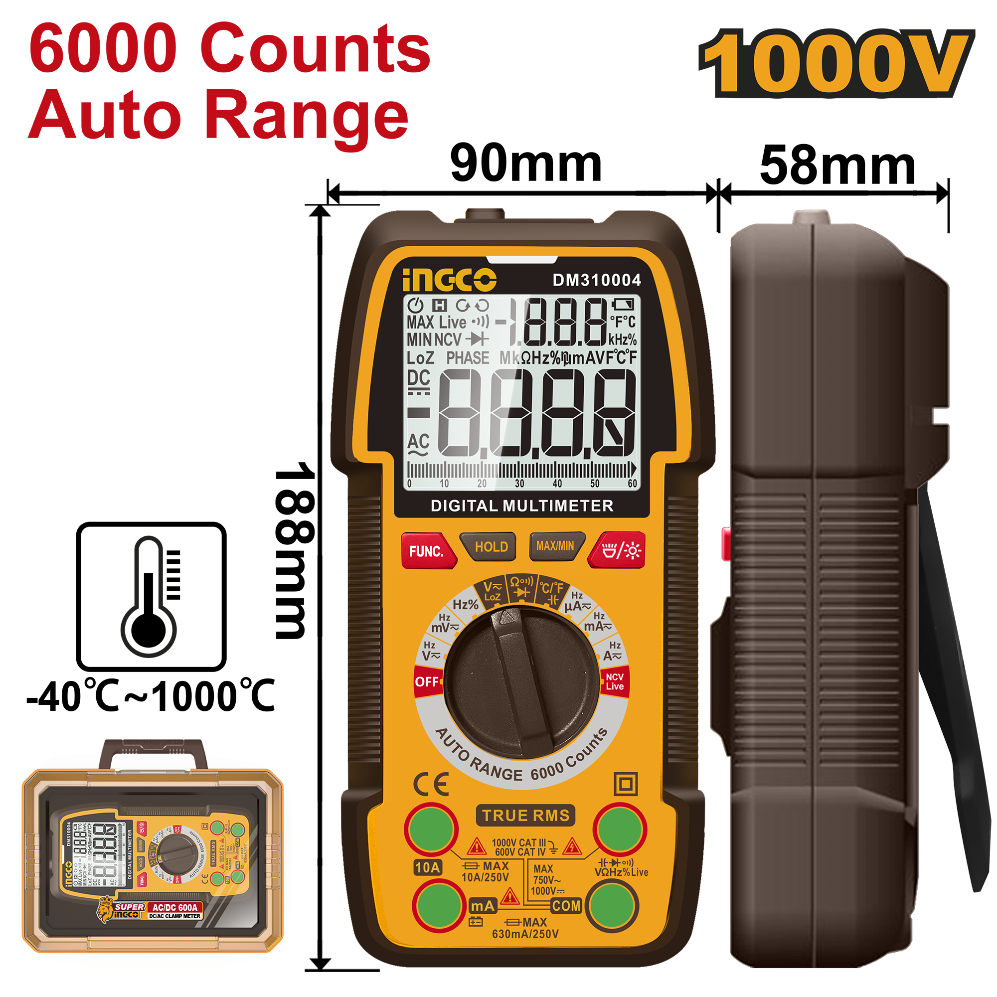 INGCO 6000 Counts Auto Range, 1000V Digital Multimeter - DM310004