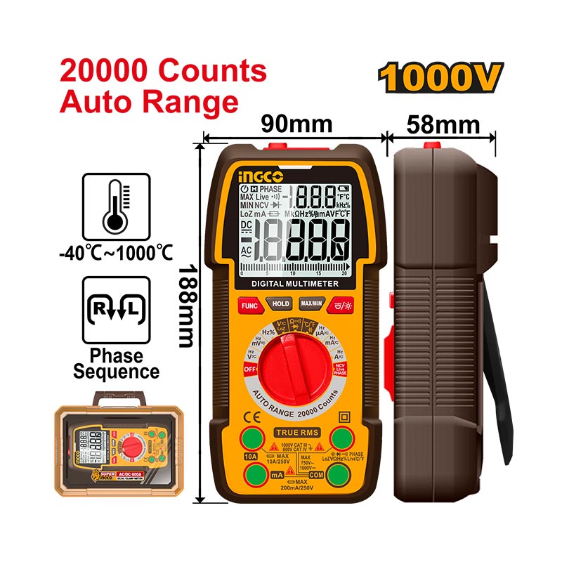 INGCO 20000 Counts Auto Range, 1000V Digital Multimeter - DM410003