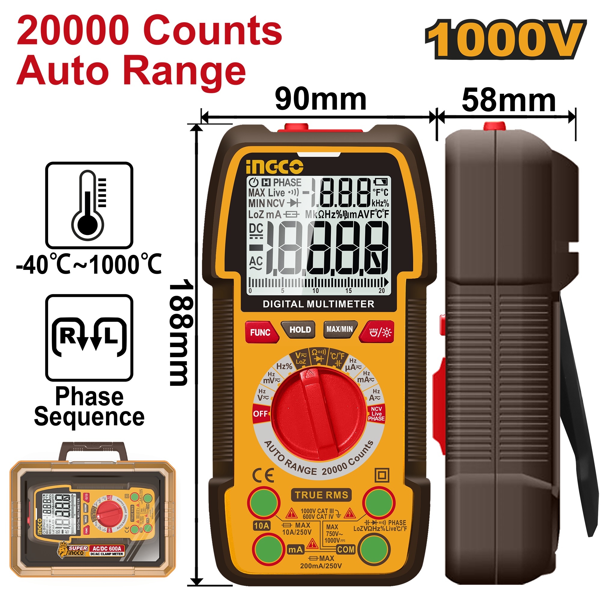 INGCO 20000 Counts Auto Range, 1000V Digital Multimeter - DM410003 Main image