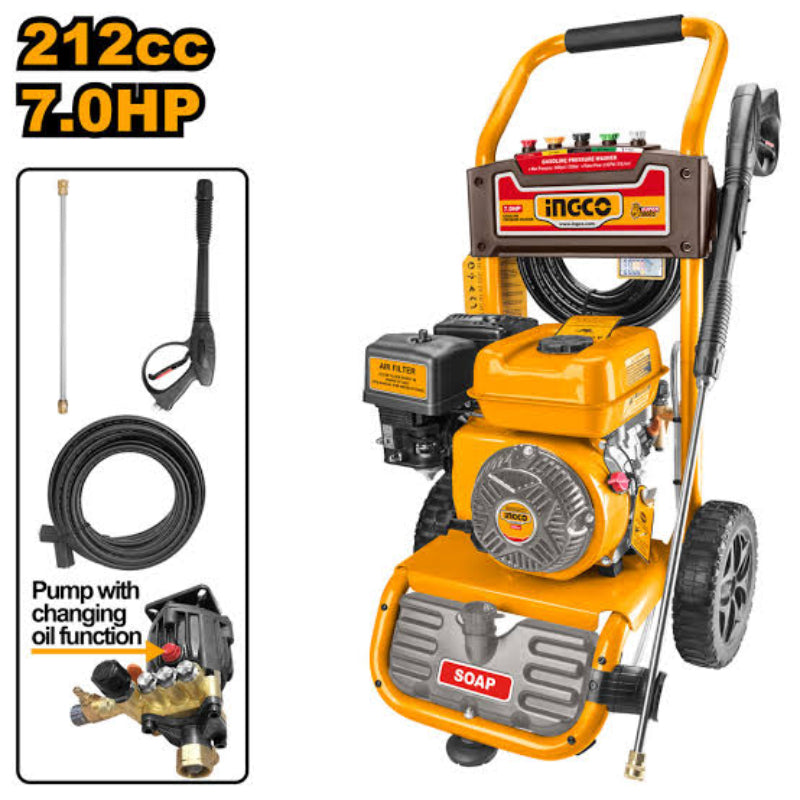 INGCO 212CC 7.0HP Gasoline Pressure Washer (1 Pcs 7.6m Pressure hose) - GHPW2103