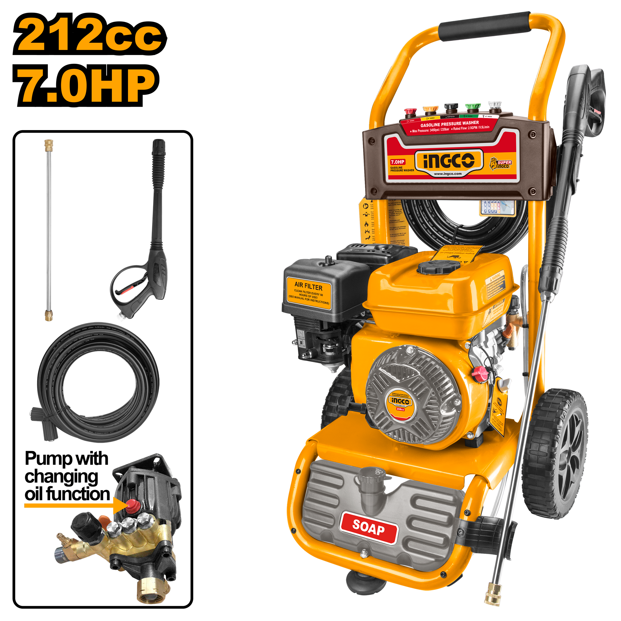 INGCO 212CC 7.0HP Gasoline Pressure Washer (1 Pcs 7.6m Pressure hose) - GHPW2103 Main image