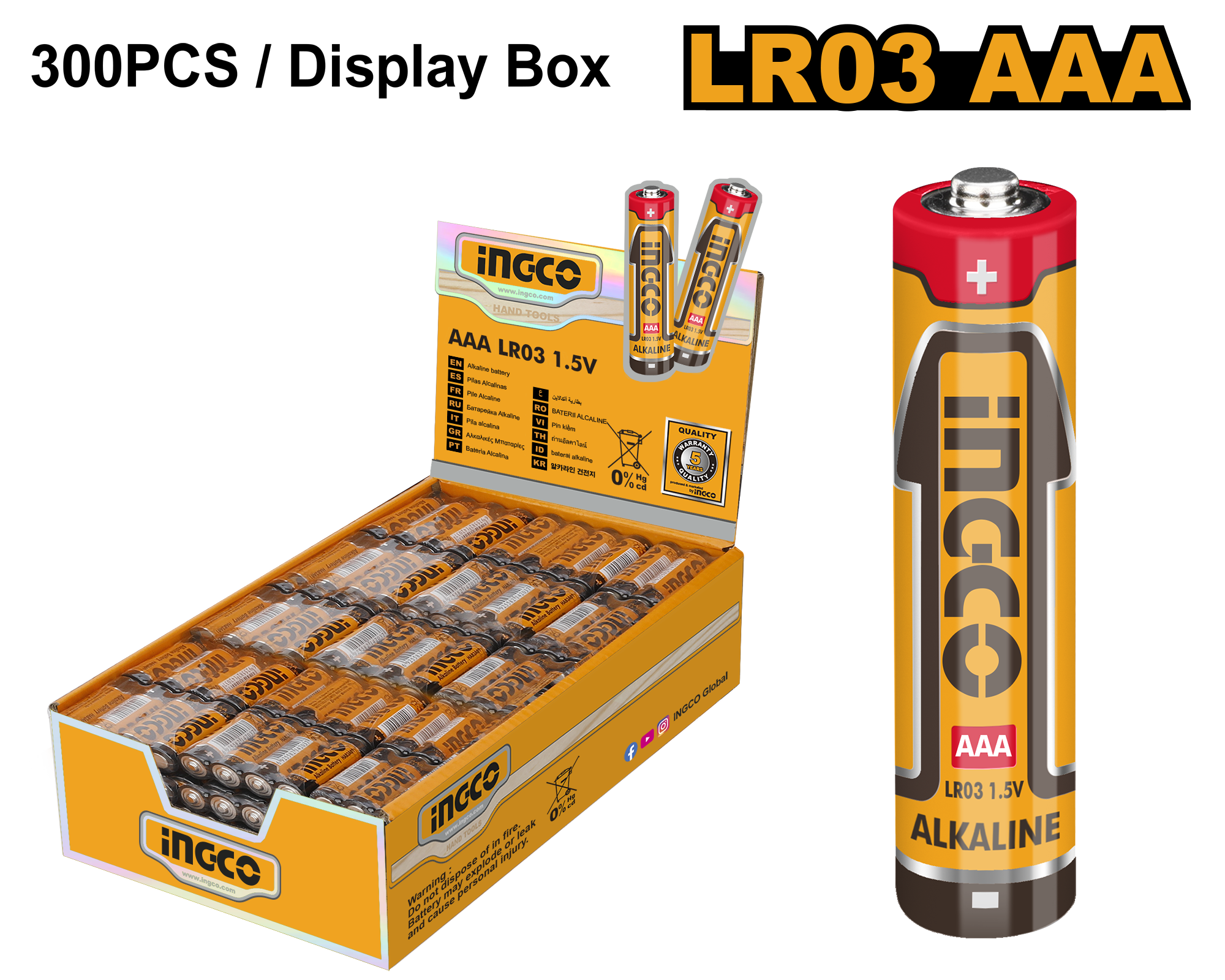 INGCO 300 PCs/Display Box, LR03 AAA Alkaline Battery - HAB3A01