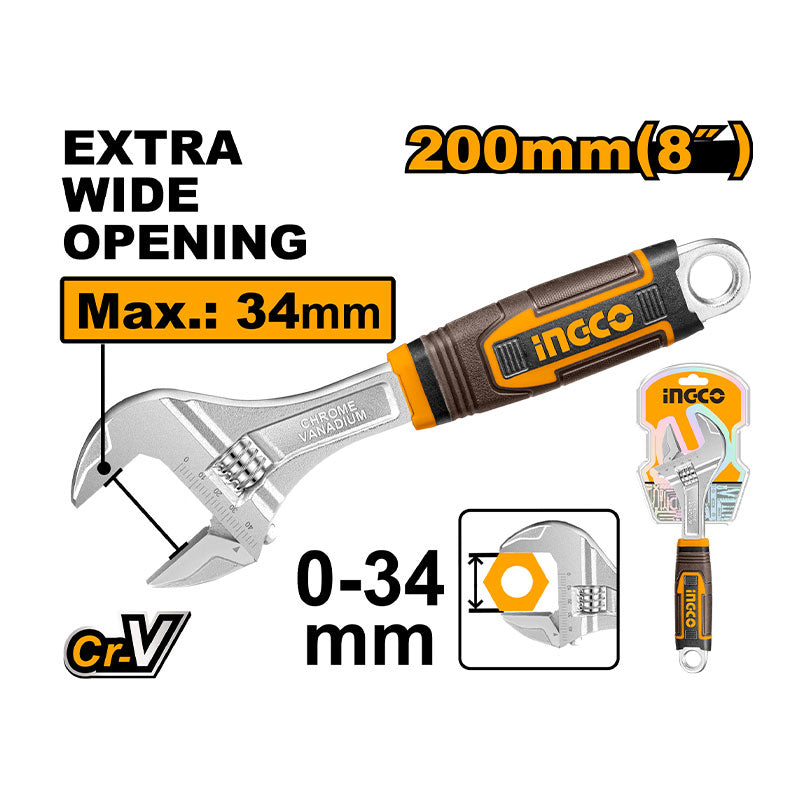 INGCO Extra Wide Opening 200MM (8") Adjustable Wrench - HADW131088