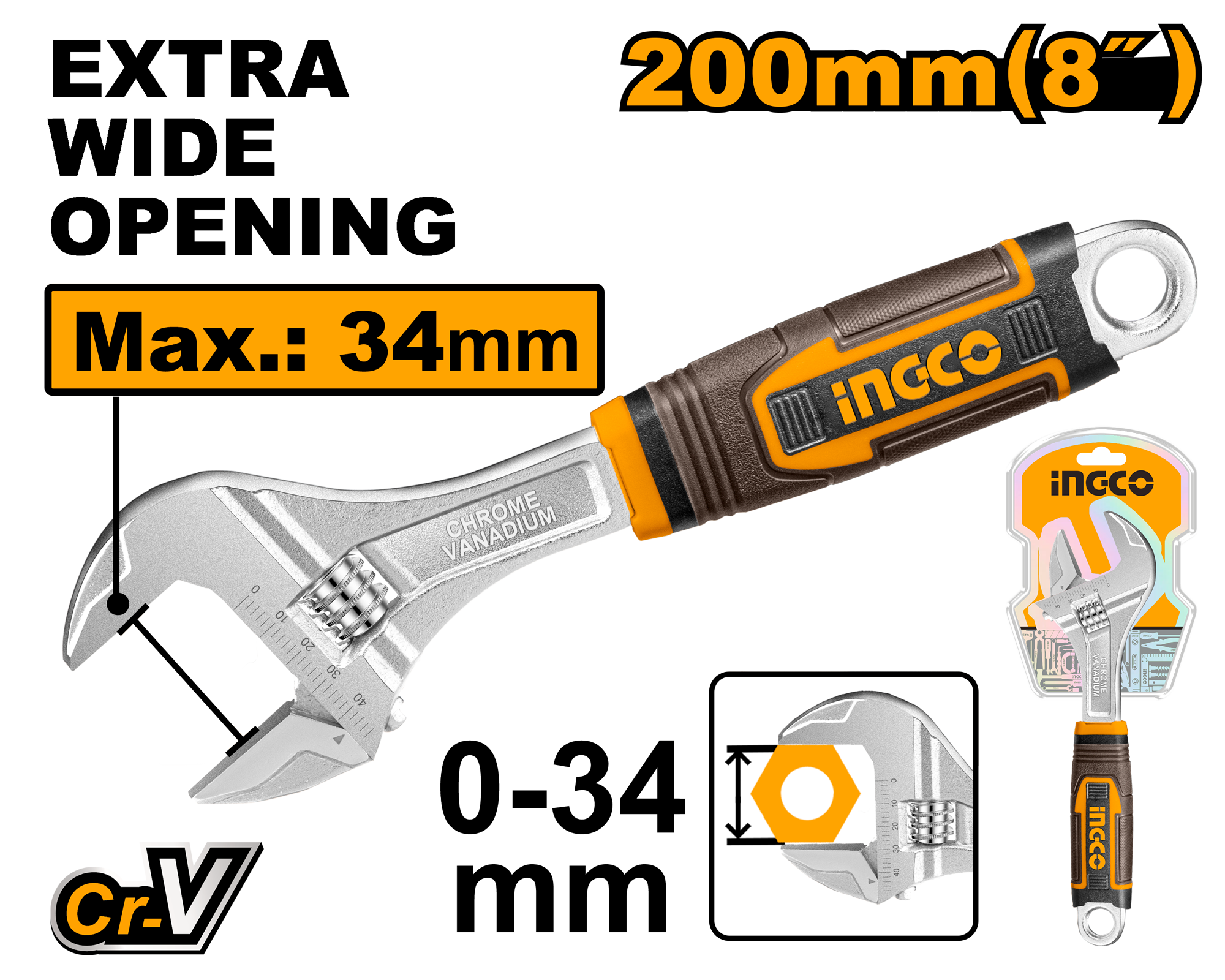 INGCO Extra Wide Opening 200MM (8") Adjustable Wrench - HADW131088