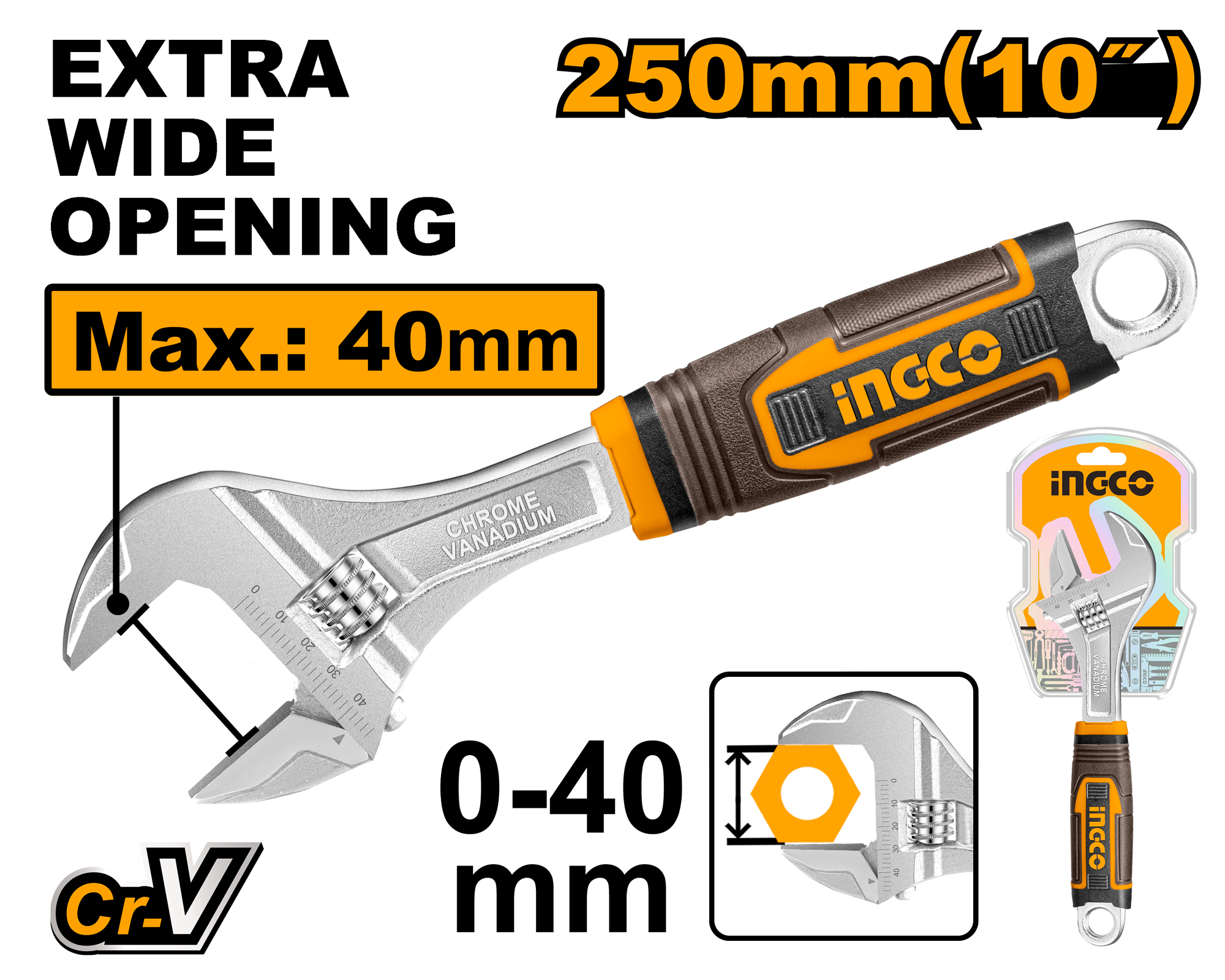 INGCO Extra Wide Opening 250MM (10") Adjustable Wrench - HADW131108 Main image