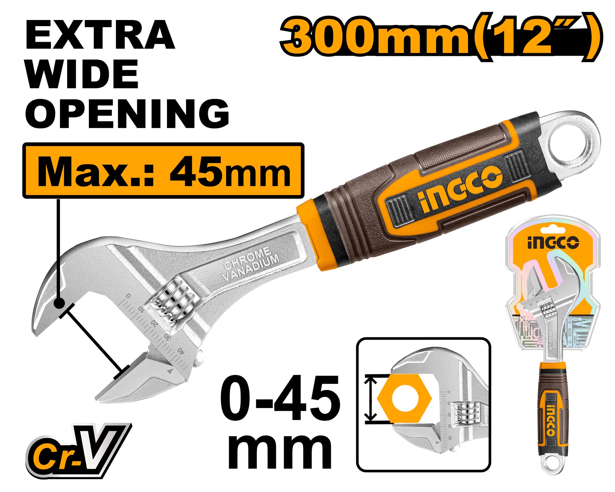 INGCO 300MM (12") Extra Wide Opening Adjustable Wrench - HADW131128 Main image