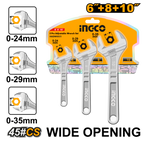 INGCO Wide Opening 6"+8"+10" 3 PCs Adjustable Wrench Set - HADWK031