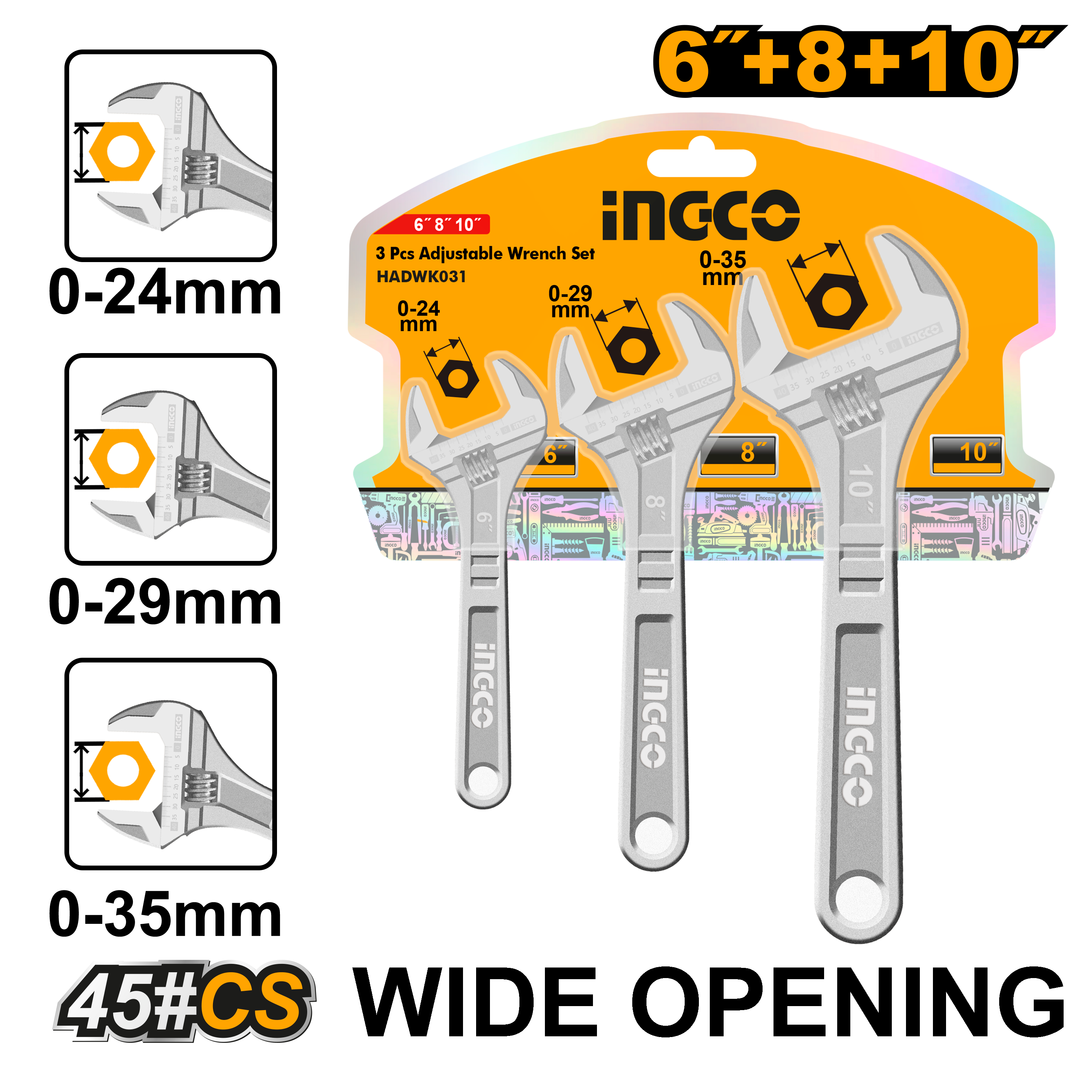 INGCO Wide Opening 6"+8"+10" 3 PCs Adjustable Wrench Set - HADWK031