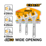INGCO Wide Opening 6"+8"+10" 3 PCs Adjustable Wrench Set - HADWK031