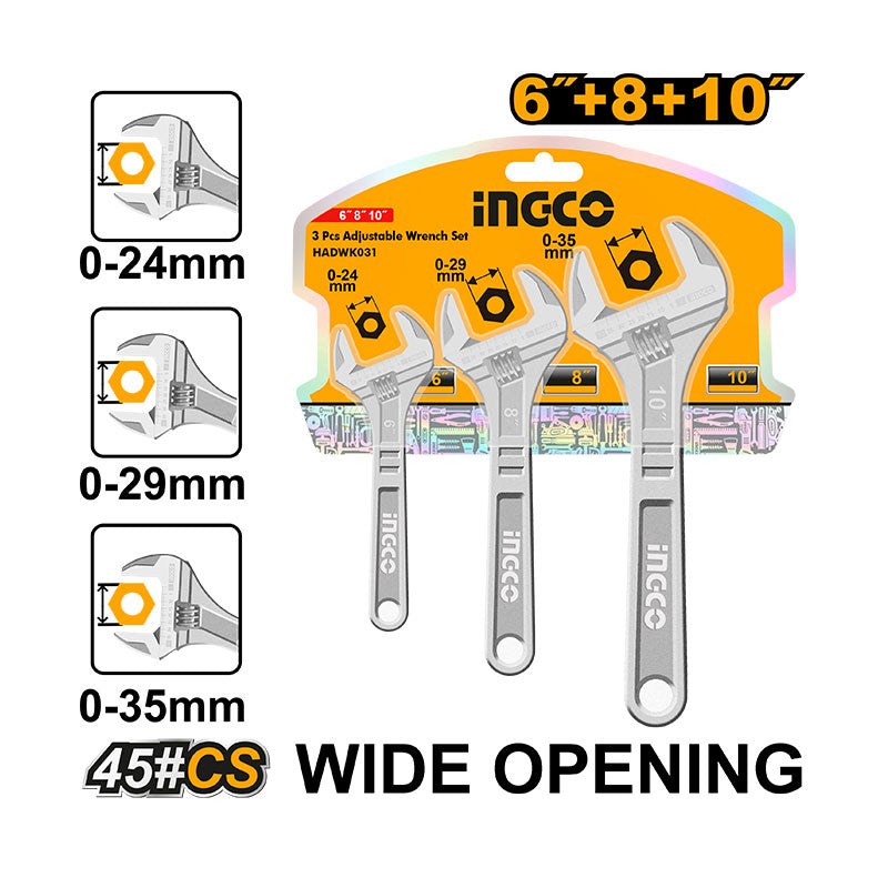 INGCO Wide Opening 6"+8"+10" 3 PCs Adjustable Wrench Set - HADWK031