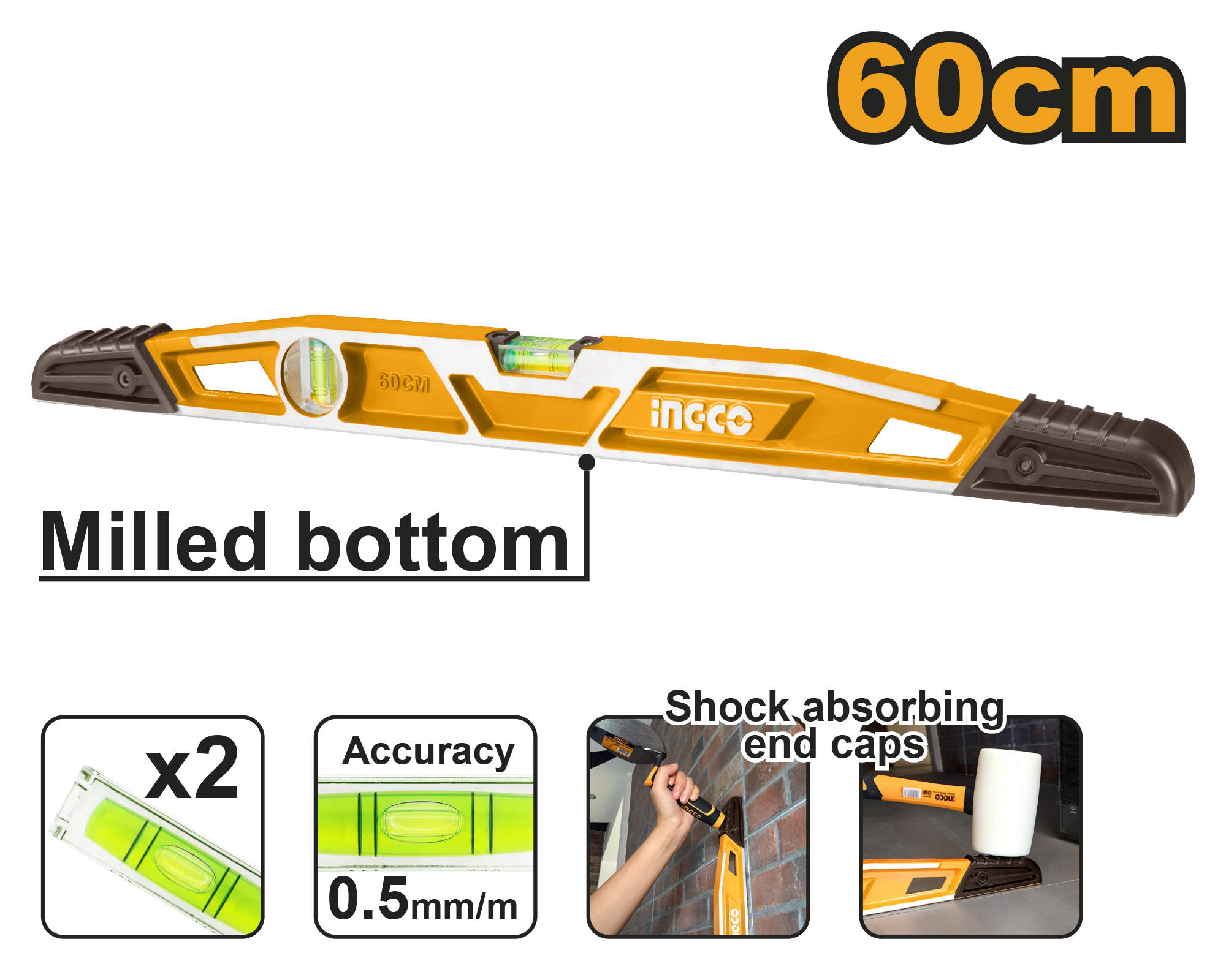 INGCO 60CM Milled Bottom Heavy-Duty Mason's Level - HBSL08060