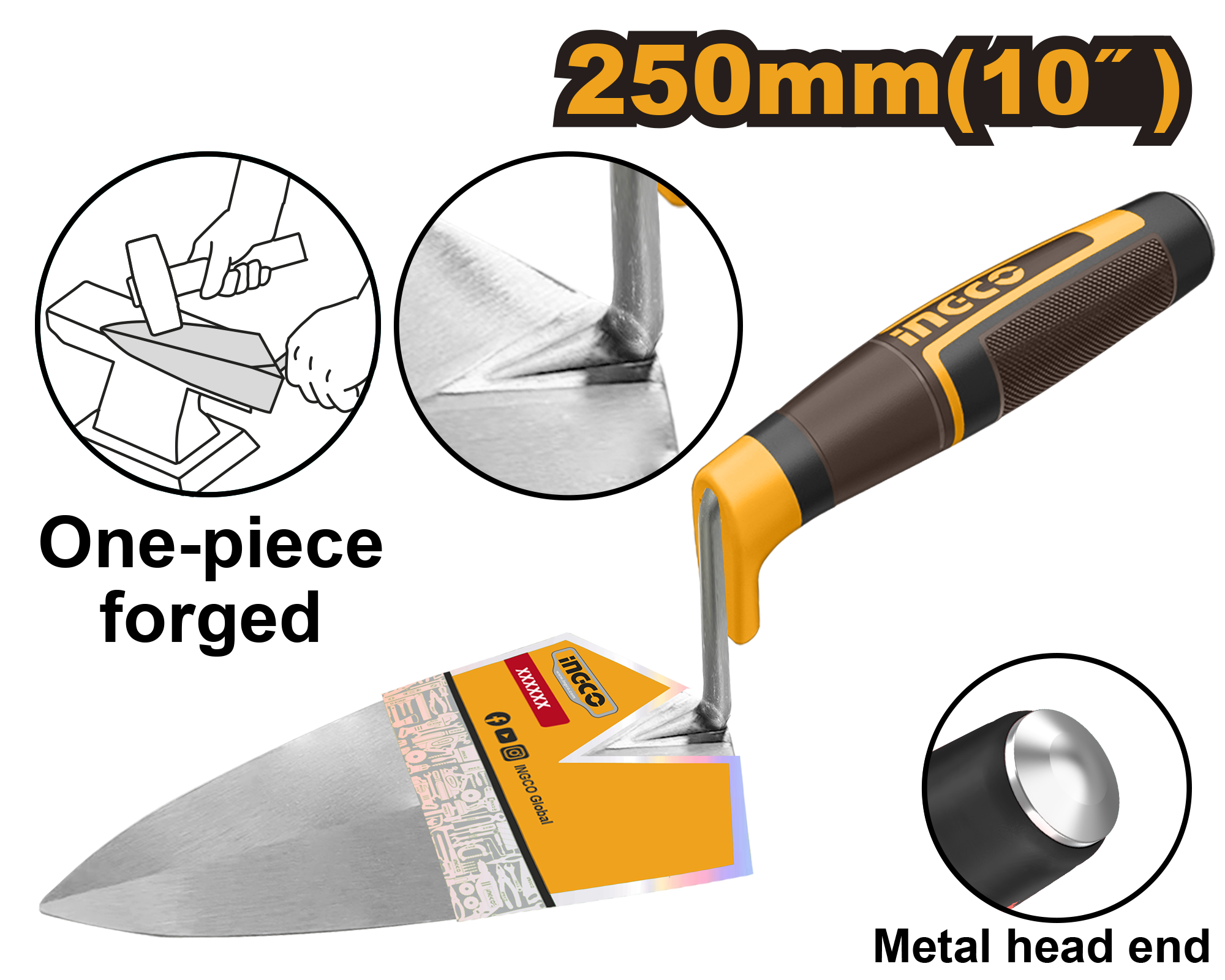 INGCO 1-Piece, Metal Head End, Integrated Forged Bricklaying Trowel - HBT910