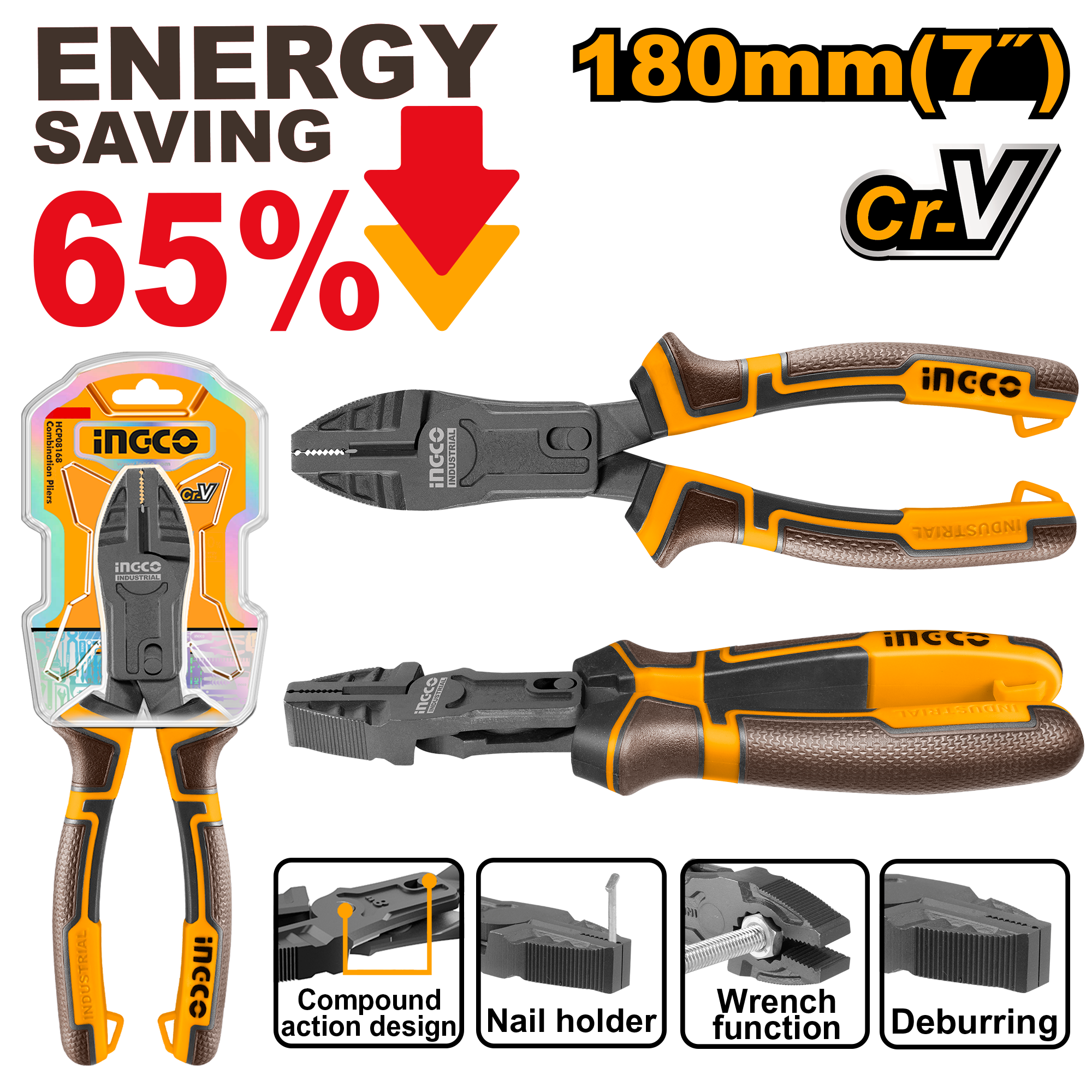INGCO 180MM (7") Compound Action Combination Pliers - HCCP58180 Main image