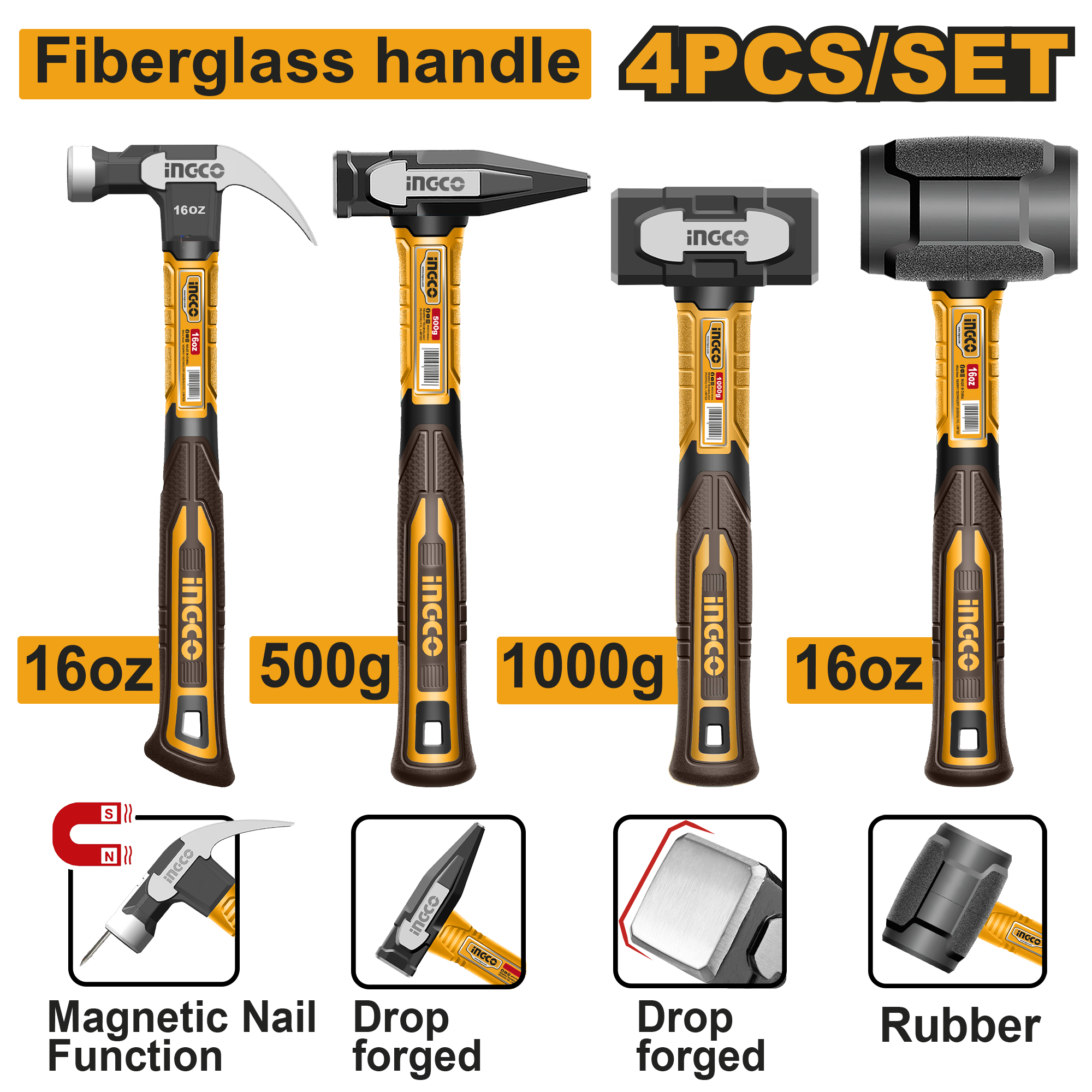 INGCO 4 Pcs Hammer Set - P1C6 - HCH9004 Main image