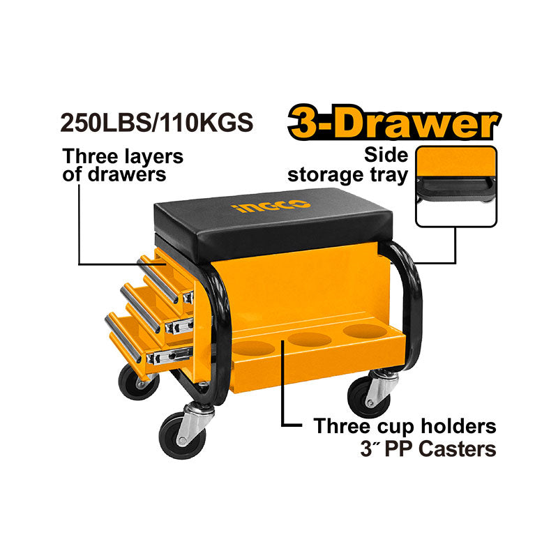 INGCO 250LBS/110Kgs 3-Drawer Creeper Seat with a Side Storage Tray, Three Layers of Drawers & Three Cup Holders 3" PP Casters - HCS103