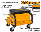 INGCO 250LBS/110Kgs 3-Drawer Creeper Seat with a Side Storage Tray, Three Layers of Drawers & Three Cup Holders 3" PP Casters - HCS103