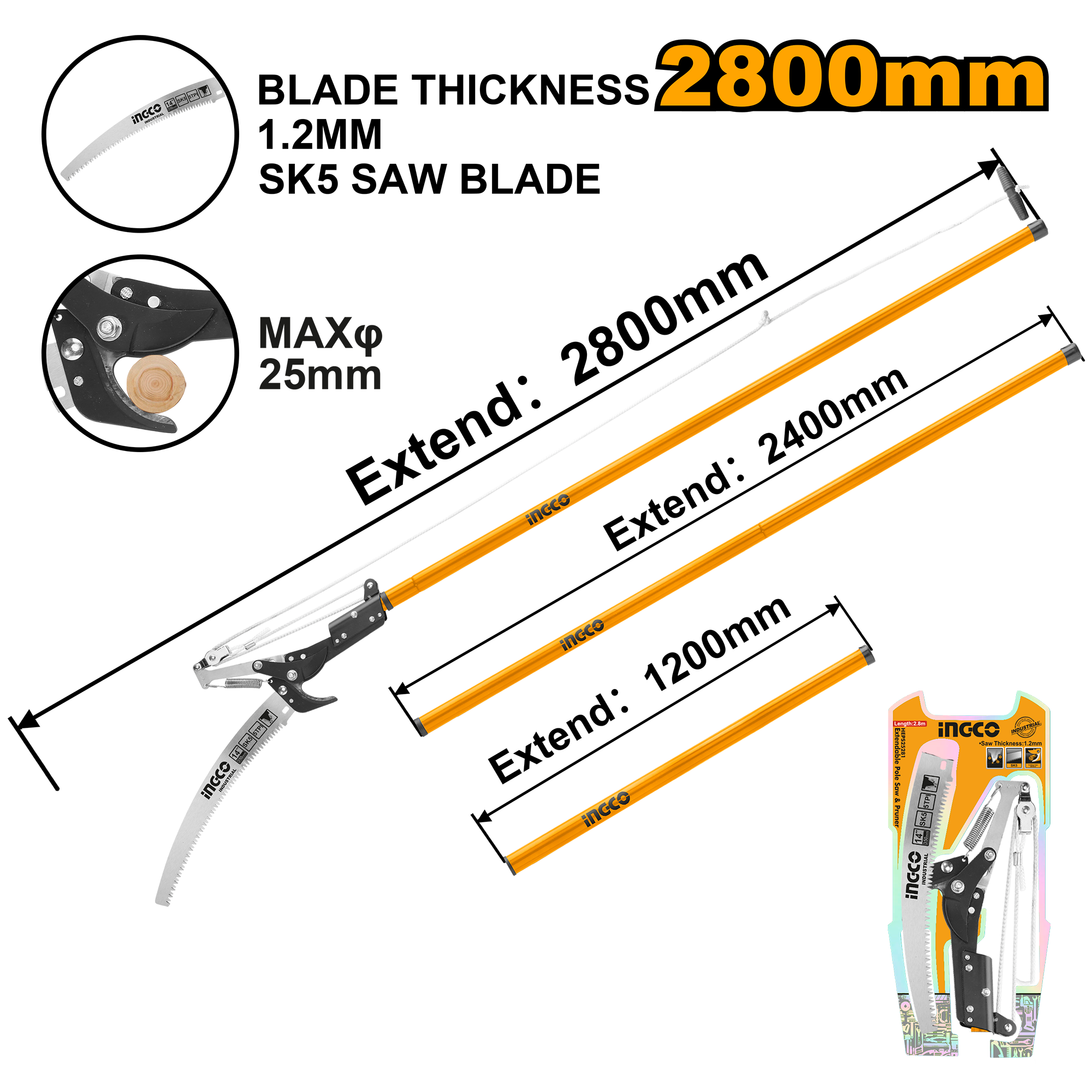 INGCO 2800MM Extendable Pole Saw & Pruner - HEPS25281 Main image