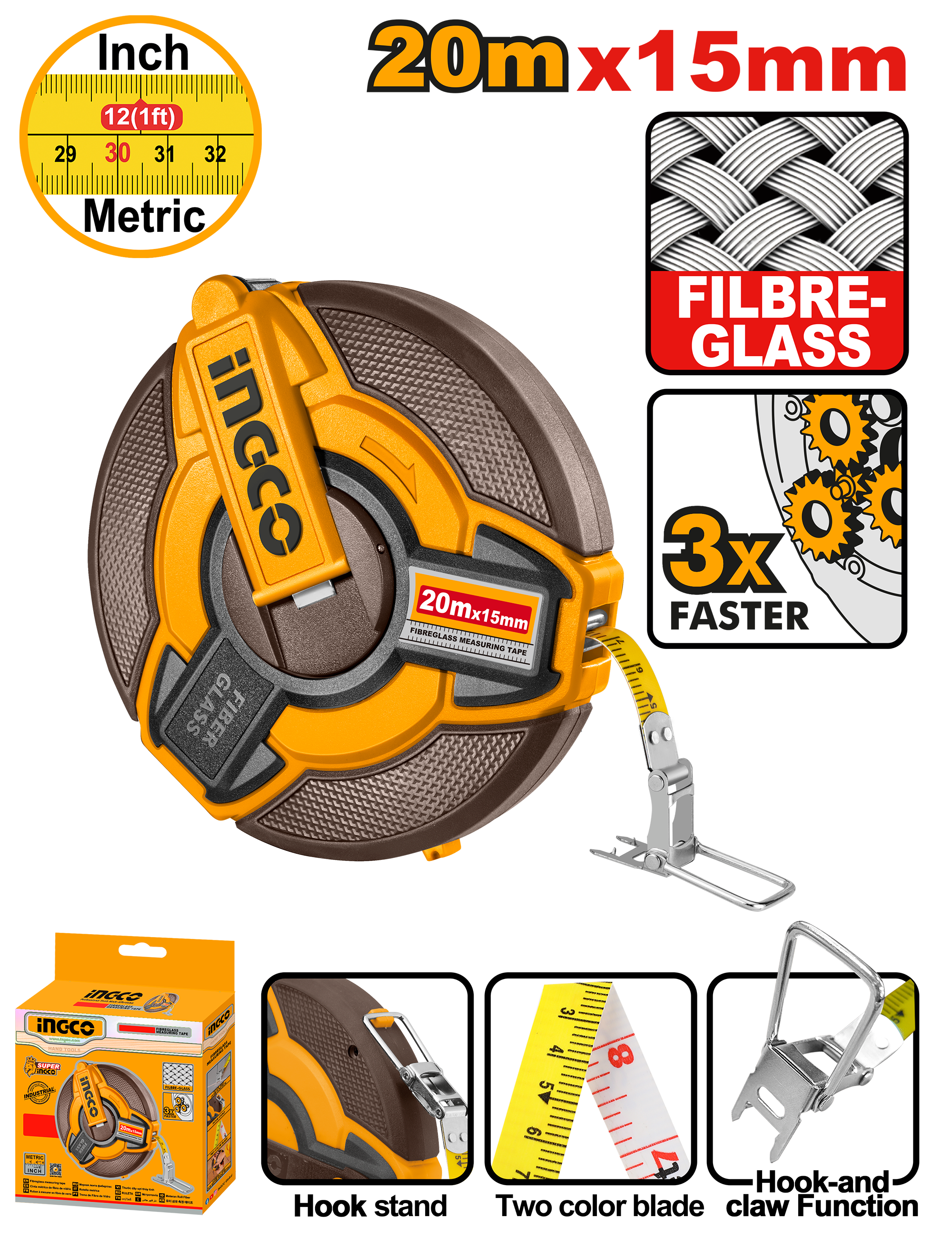 INGC0 20Mx15MM Fibreglass Measuring Tape - HFMT1820