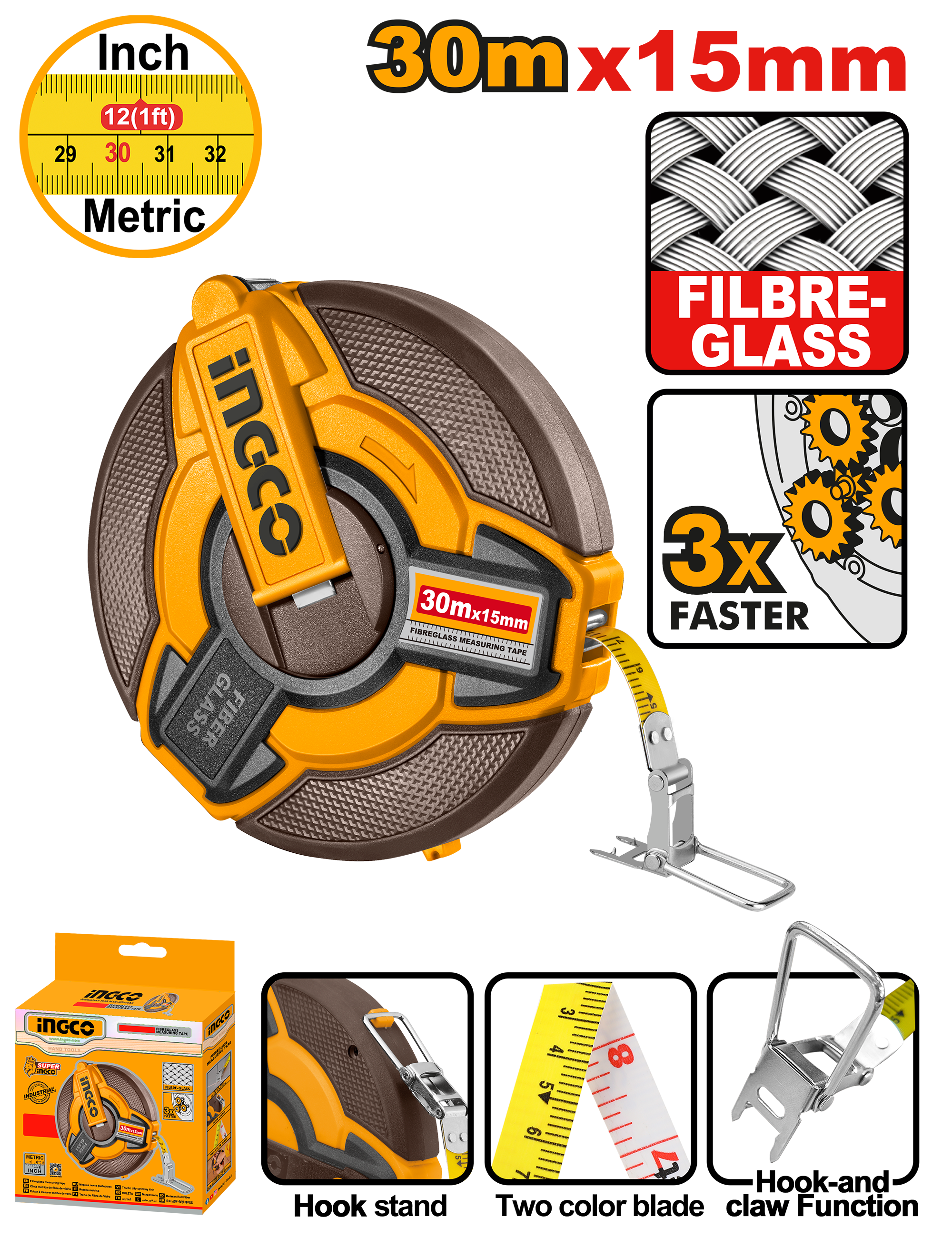 INGCO 30Mx15MM Fibreglass Measuring Tape - HFMT1830