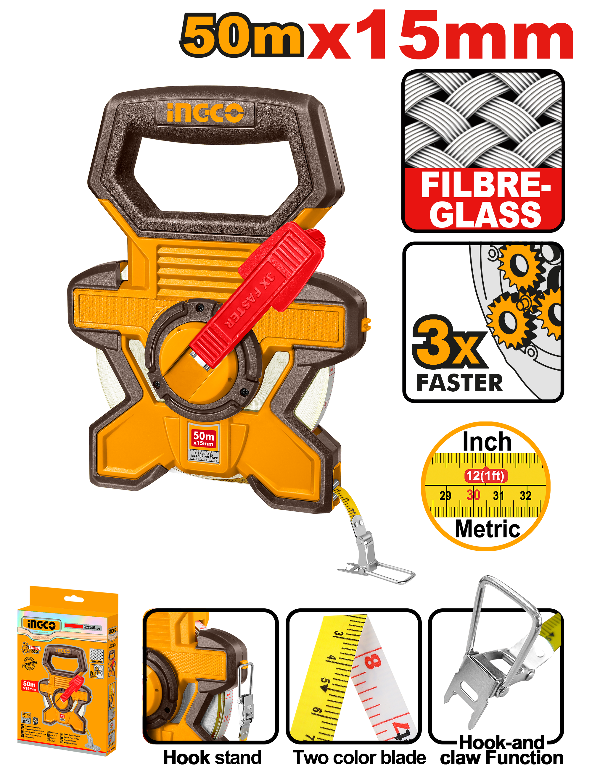 INGCO 50Mx15MM Fibreglass Measuring Tape - HFMT1850 Main image